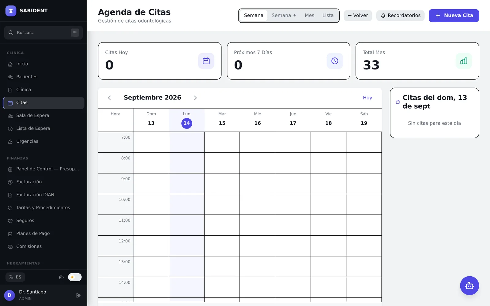 La agenda semanal, con citas del día, próximos siete días y total del mes.