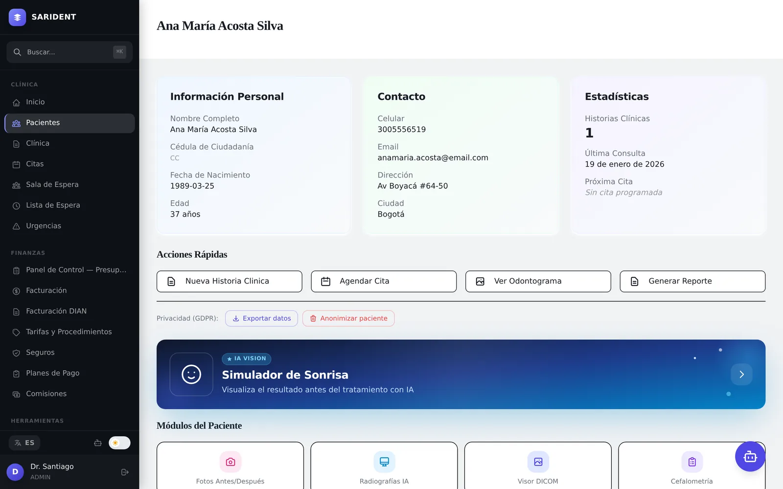 La ficha de un paciente ficticio: datos, contacto, acciones rápidas, privacidad (exportar y anonimizar) y los módulos clínicos.