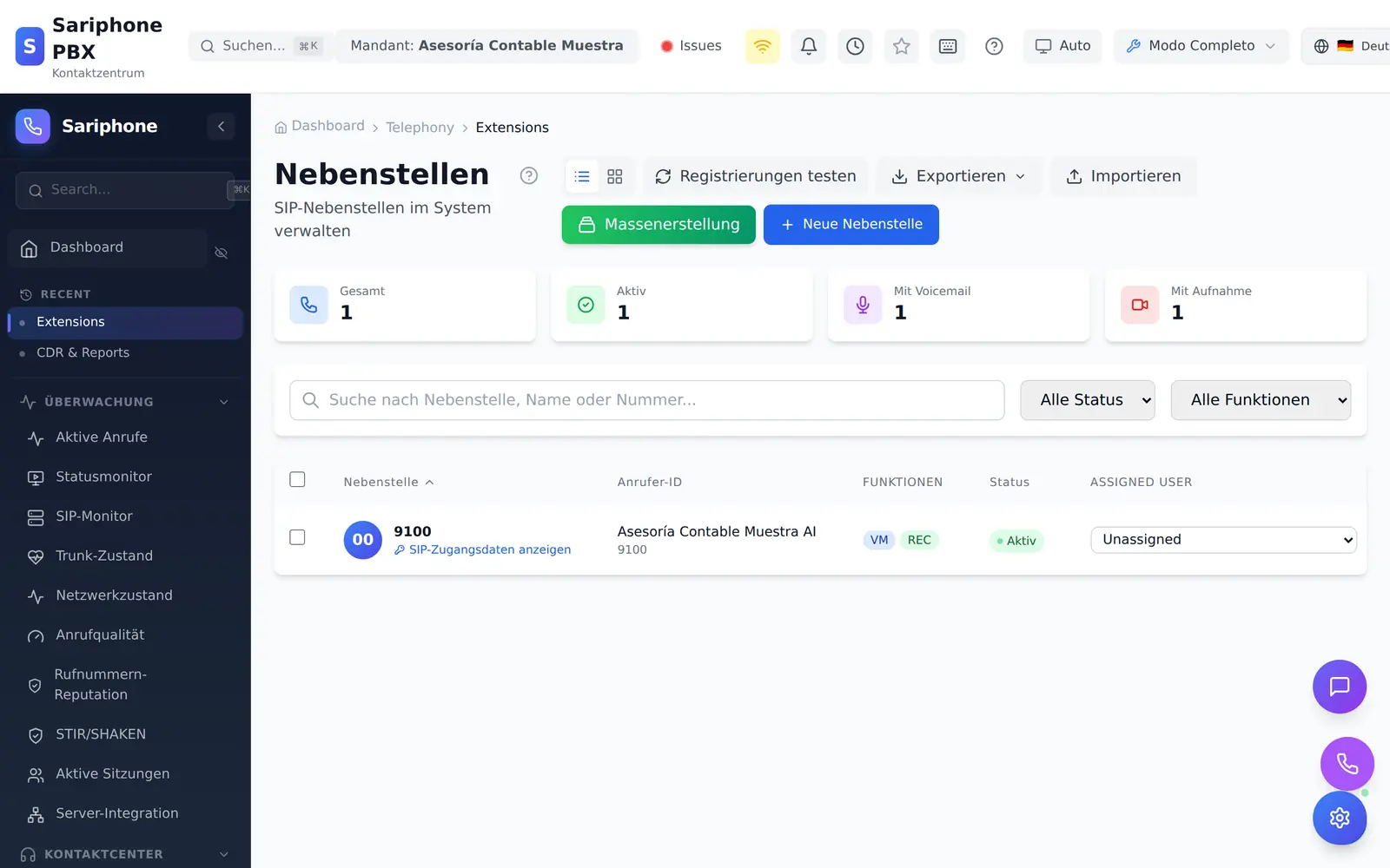 Nebenstellen-Dashboard von Sariphone für ein fiktives Beispielunternehmen.