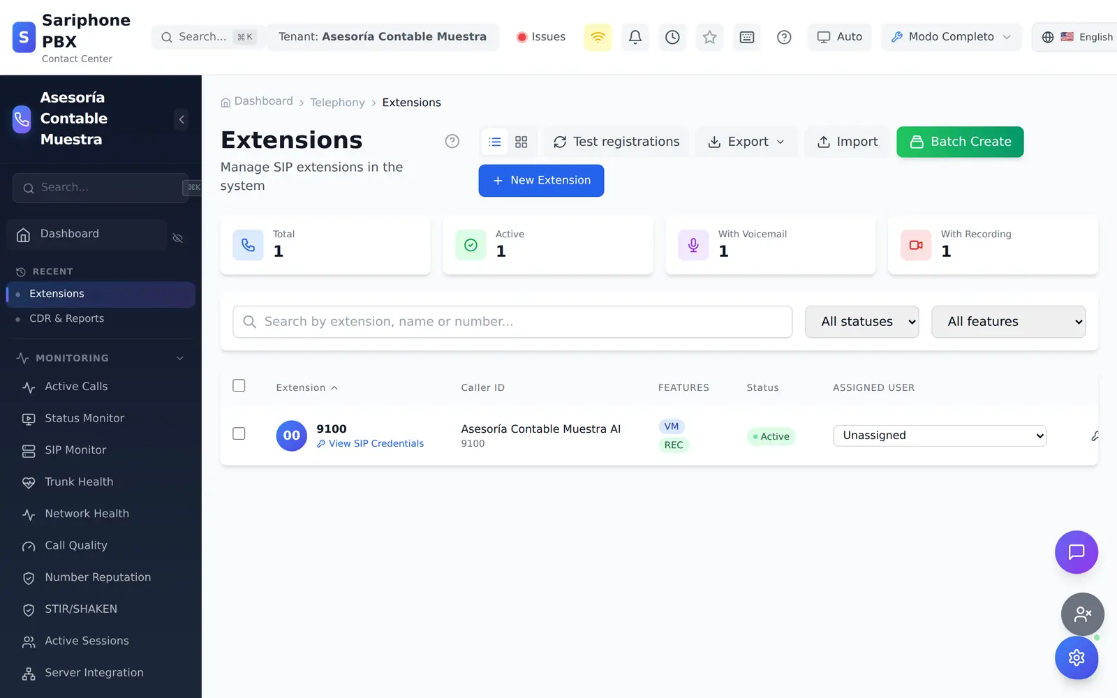 Sariphone extensions dashboard for a fictitious sample business.