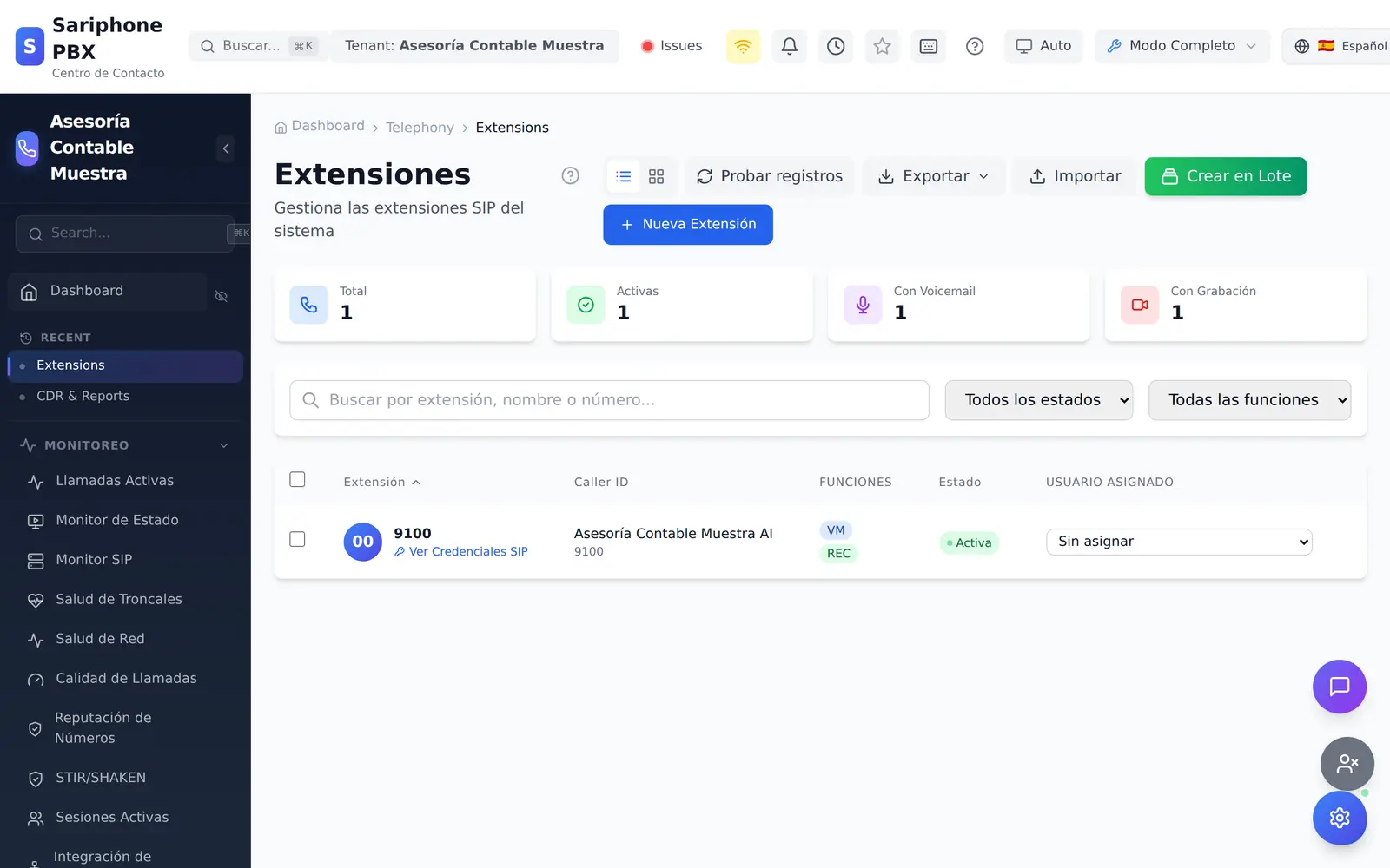 Panel de extensiones de Sariphone para un negocio ficticio de muestra.