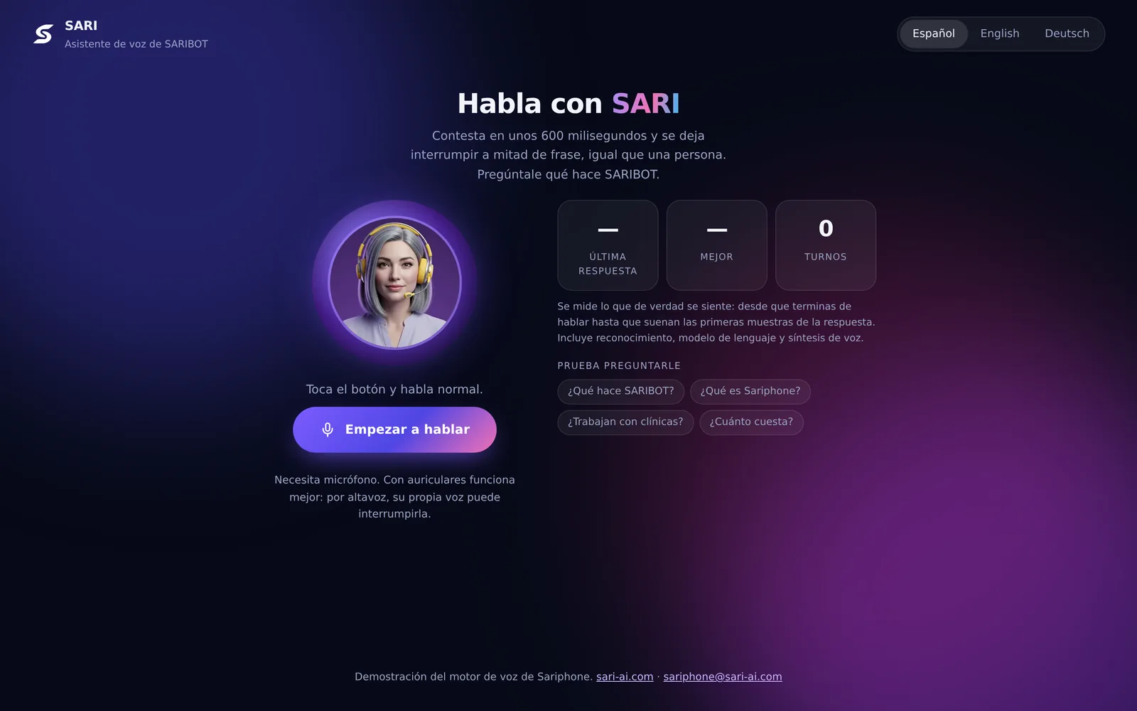 SARI, la recepcionista de Sariphone, en el demo público del navegador: la misma voz que atiende las extensiones.